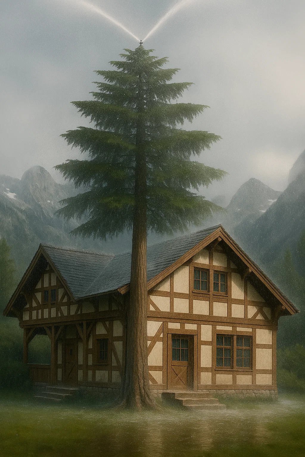 Tree sprinkler system protecting a home from wildfire